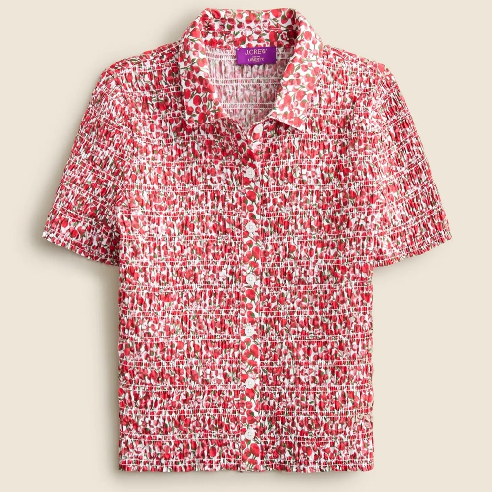 J. Crew Red & White Strawberry-Print Smocked Short-Sleeve Shirt